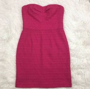 Pink multi tweed strapless Trina Turk dress.